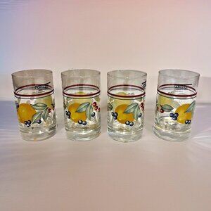Set Of 4 Vintage Corelle Abundance 4" Juice Glasses 6 Ounce Fruits Colorful NEW